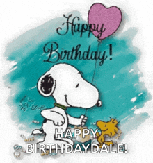 snoopy is holding a pink heart shaped balloon and wishing someone a happy birthday .