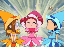 three cartoon characters are standing next to each other and one of them is wearing a pink flower dress