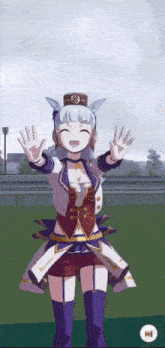 a girl in a horse costume is standing in a field with her arms outstretched .