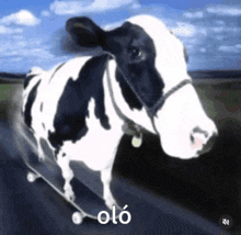a black and white cow is riding a skateboard down a road