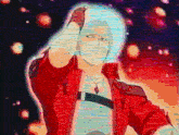 a man in a red jacket is standing in front of a glowing object