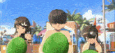 a group of anime characters are standing on a beach