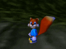 a cartoon squirrel is wearing a blue shirt and blue shoes