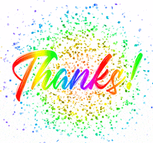 the word thanks is surrounded by rainbow confetti on a white background