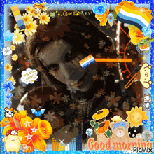 a picture of a man with flowers and the words good morning picmix