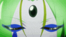 a close up of a person 's face with green hair and a blue eye