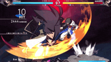 a video game screen shows a character with a sword and the number 10 hit