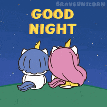 a cartoon of two unicorns hugging each other with the words " good night " written above them