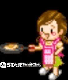 a cartoon of a girl holding a frying pan with the words star tamil chat in the corner