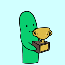a cartoon character is holding a gold trophy