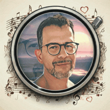 a man with glasses and a beard is surrounded by music notes and hearts