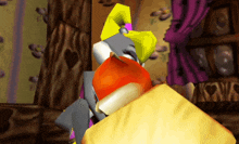 a video game character is laying on a bed with a purple curtain