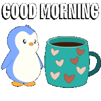 a penguin standing next to a cup of coffee with the words good morning