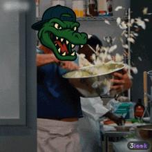 a cartoon of a man with a crocodile 's head holding a bowl of food