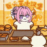a cartoon of a girl with pink hair standing in front of a table with food