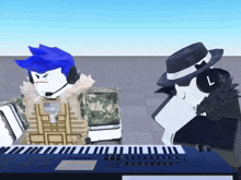 two roblox characters are playing a keyboard and one has the number 7 on his hat .