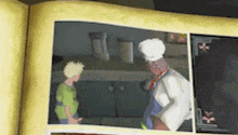 a picture of a man in a chef 's hat standing next to a boy in a kitchen .