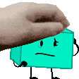 a hand is putting a donut on top of a blue block with arms and legs .