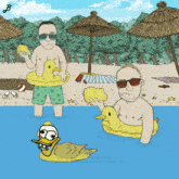 a cartoon of two men on a beach with a rubber duck with the number 335 on its head