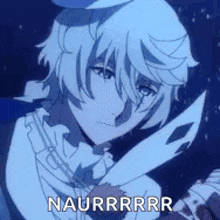 a man with white hair is holding a knife in his hand and says naurrrrr .