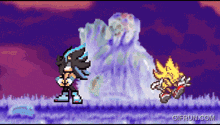 a pixel art of sonic the hedgehog fighting another character