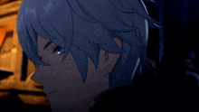 a close up of a blue haired anime character with blue eyes
