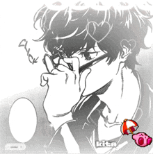 a black and white drawing of a man with glasses and a heart on his head