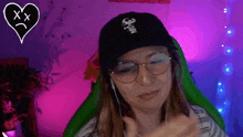 a woman wearing glasses and a hat that says miss