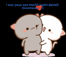 a cartoon of two cats standing next to each other with the words i wuv youu soo much justin daniel