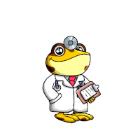 a frog wearing a doctor 's coat and holding a clipboard