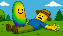 a cartoon of a man laying on the ground next to a pickle with a face on it