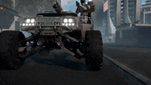 a video game character is driving a vehicle with a large tire on the side of it
