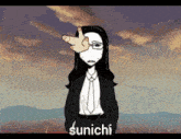 a cartoon of a woman in a suit and tie with a hand pointing at her face and the word sunichi below her