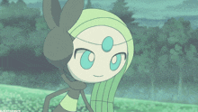 a cartoon drawing of a girl with long green hair and a blue eye