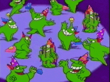 a bunch of green monsters wearing party hats are dancing in a circle