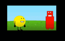 a cartoon of a yellow ball standing next to a red robot .