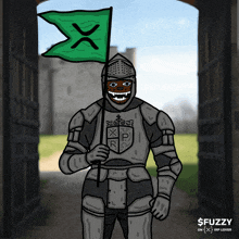 a cartoon of a knight holding a green flag with a cross on it