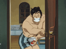 a shirtless man is smiling while holding a cup of coffee