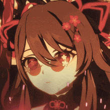 a close up of a girl 's face with red eyes and flowers in her hair