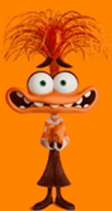 a cartoon character with a big mouth and a feathered head is standing in front of an orange background .