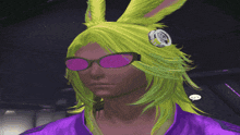 a man with green hair and pink glasses has a bunny ear