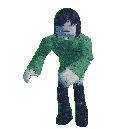 a cartoon character in a green shirt and black pants holding a small white cat