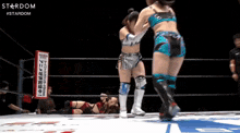 two women are wrestling in a ring with a sign in the background that says stardom