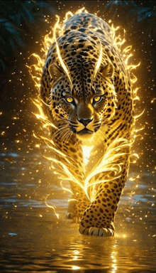 a painting of a leopard with flames coming out of its fur