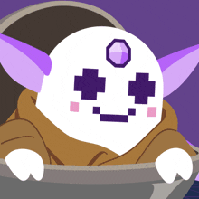 a cartoon drawing of a ghost with purple ears and eyes