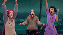 three cartoon characters with their arms up in the air
