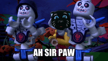 three lego skeletons standing next to each other with ah sir paw written on the bottom right