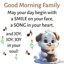 a picture of a dog holding a cup of coffee with a good morning family message