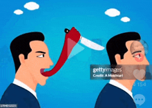 a cartoon of a man holding a knife in his mouth