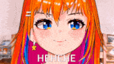 a close up of a girl 's face with the words ' henehe ' in white letters